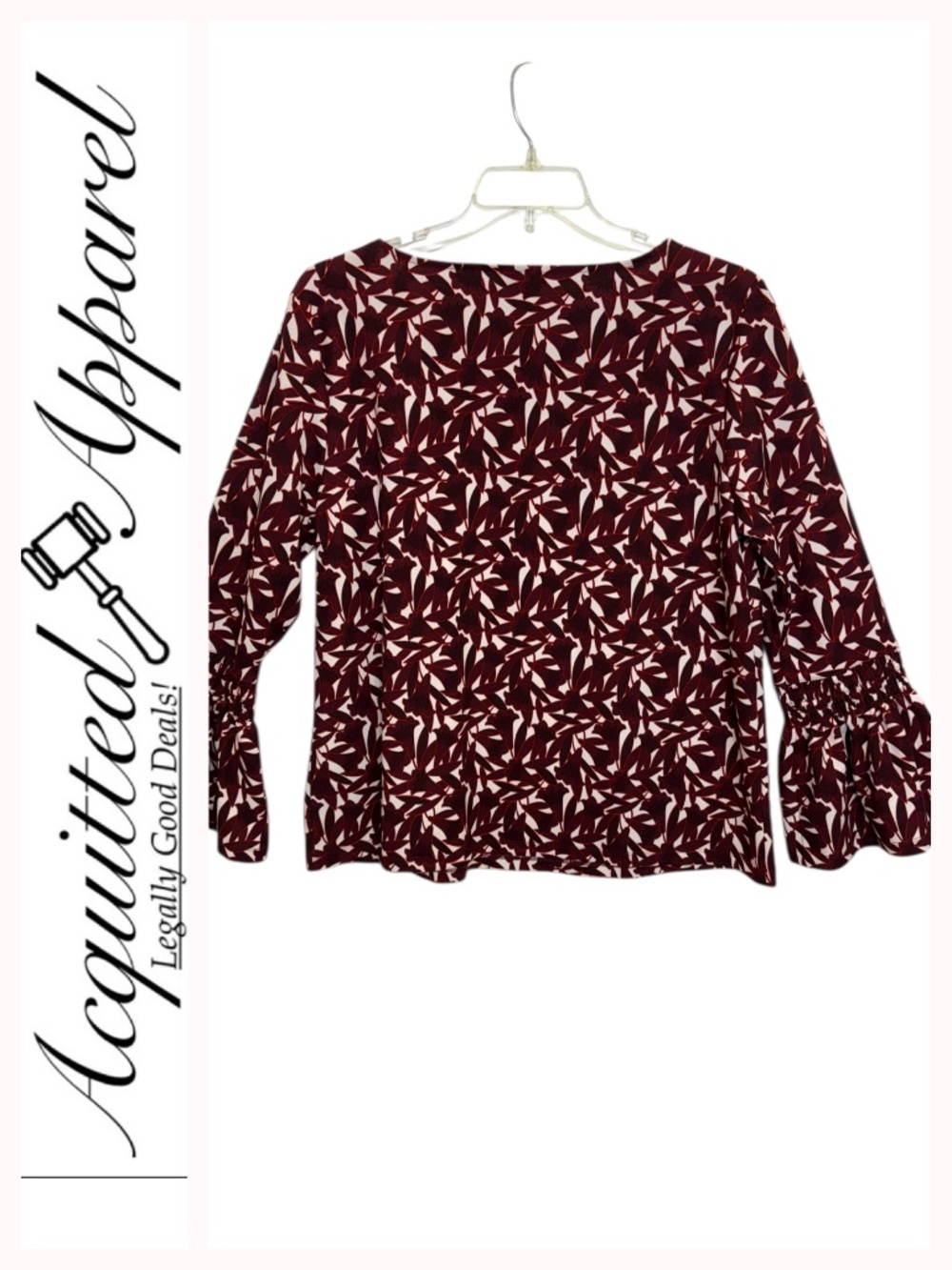 Ann Taylor Floral Pattern Maroon & Cream Bell-Sleeve Long-Sleeve Top XL